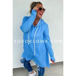 Bright Blue French Terry High Low Layer with Thumbholes